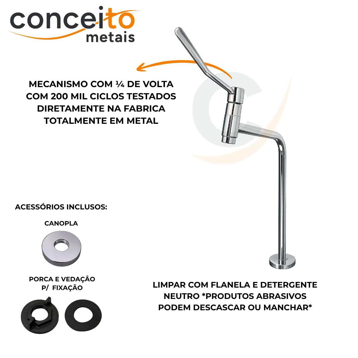 Torneira clínica de mesa 16cm 45° em metal reforçado - 13244: mecanismo e acessórios inclusos