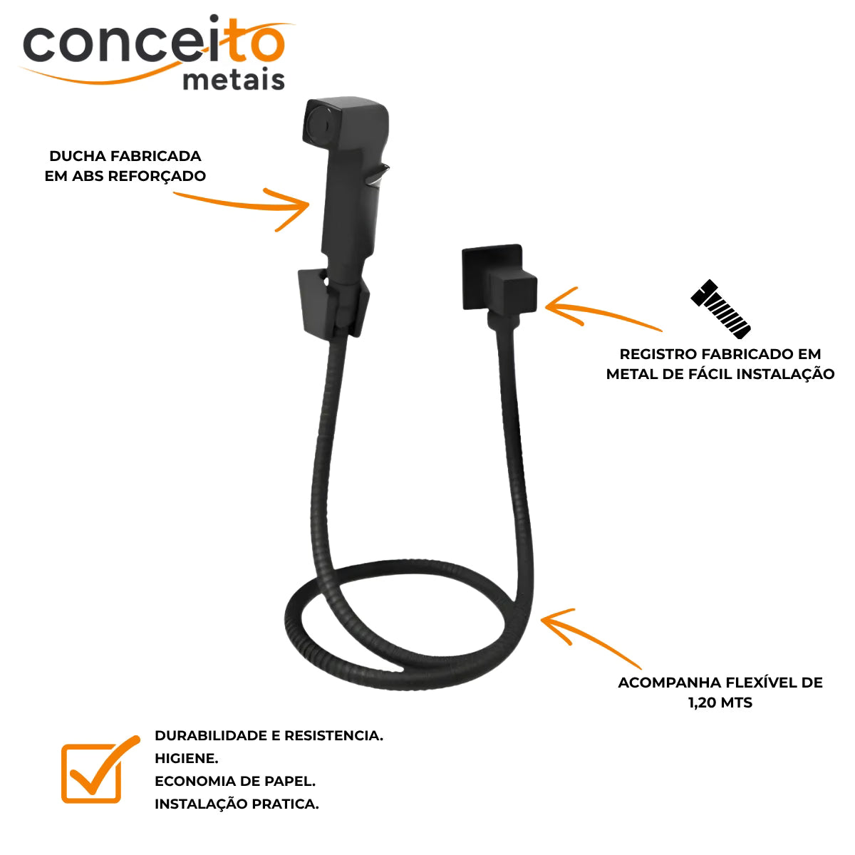 Ducha higiênica quadrado completa preto fosco black matte - 13281: materiais e flexível de 1,20 m