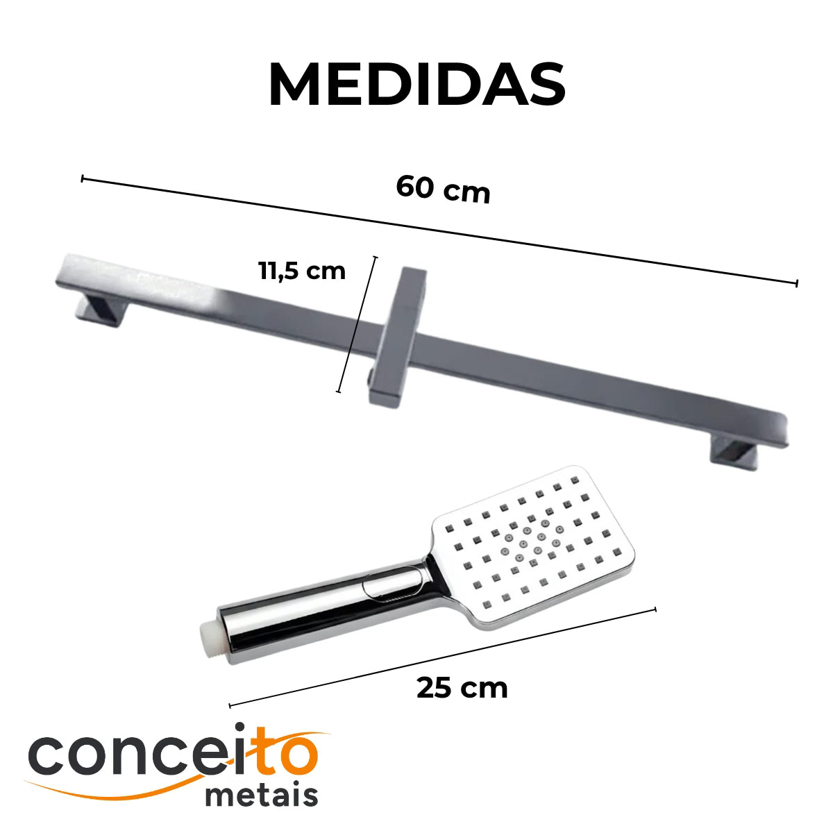 Ducha com barra deslizante cromada 60cm - 13608: medidas