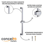 Ducha com barra deslizante cromada 60cm - 13608: haste, ajuste de altura e fixação