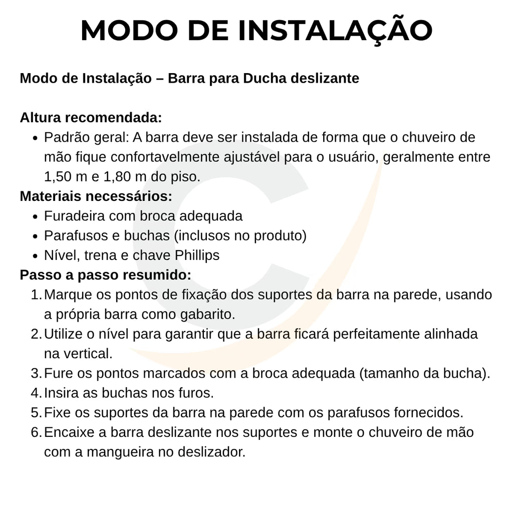 Ducha com barra deslizante cromada 60cm - 13608: modo de instalação