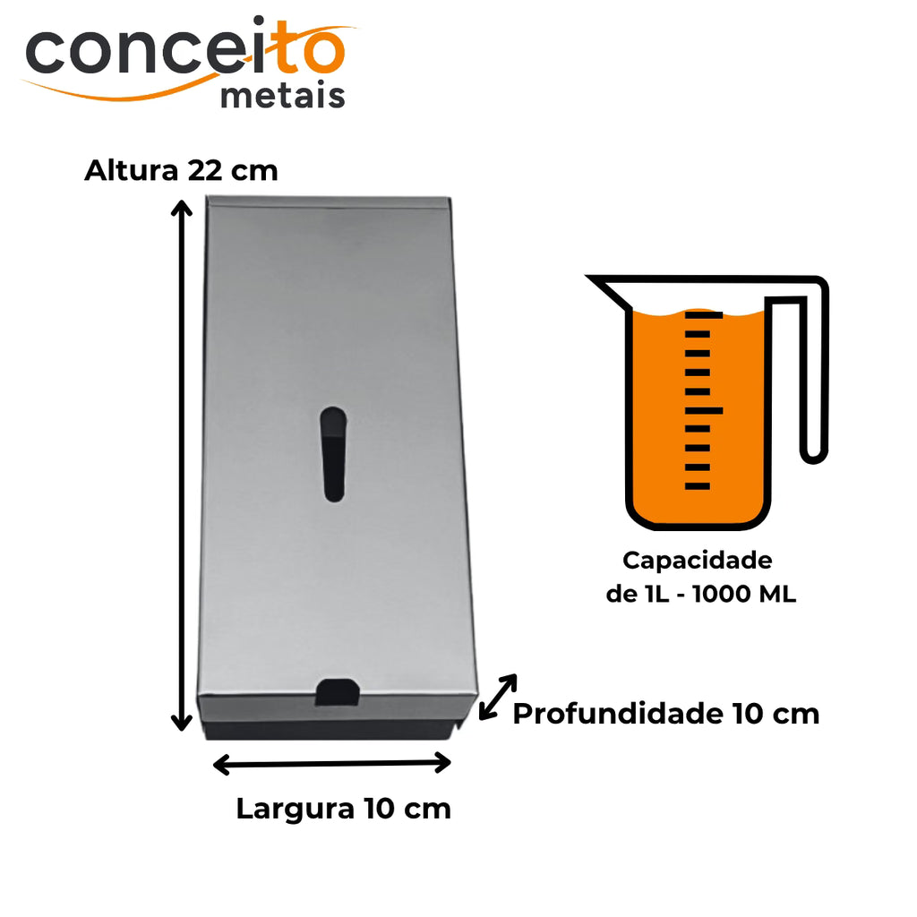 Saboneteira aço carbono com pintura epóxi e tampa de inox polido com chave e reservatório 1000 ml - 13674: medidas e capacidade de 1 litro