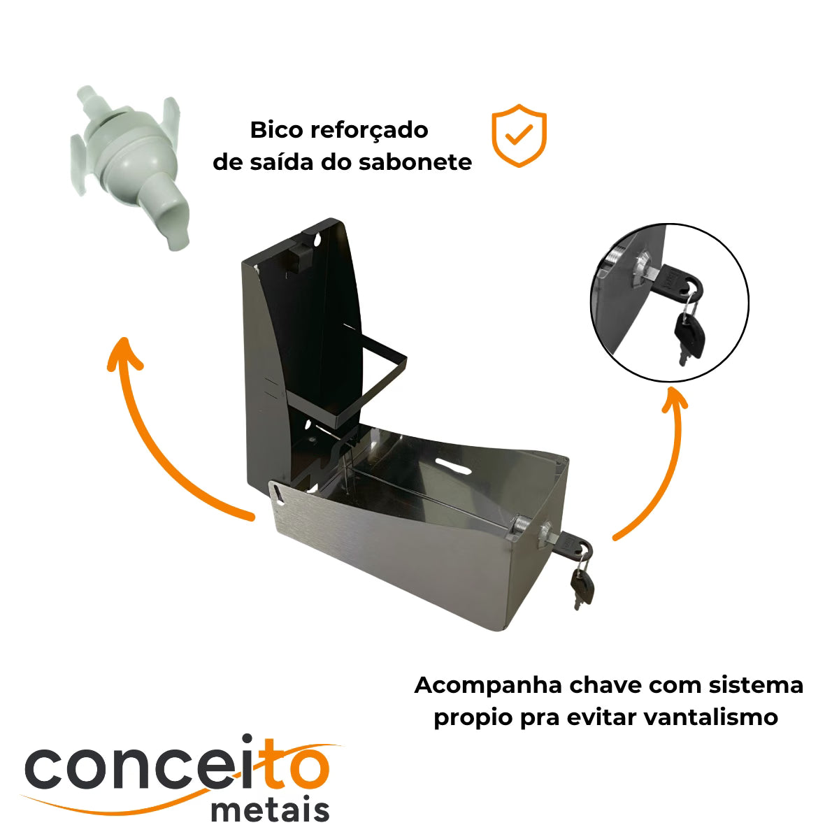 Saboneteira aço carbono com pintura epóxi e tampa de inox polido com chave e reservatório 1000 ml - 13674: detalhes: bico reforçado e chave