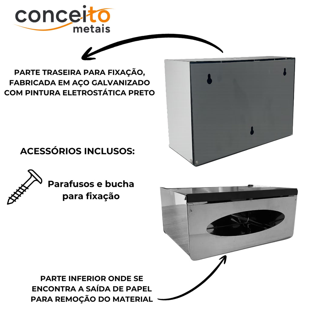 Toalheiro dispenser fabricado em aço inox brilhante para papel interfolhado - 13682: fixação e acessórios