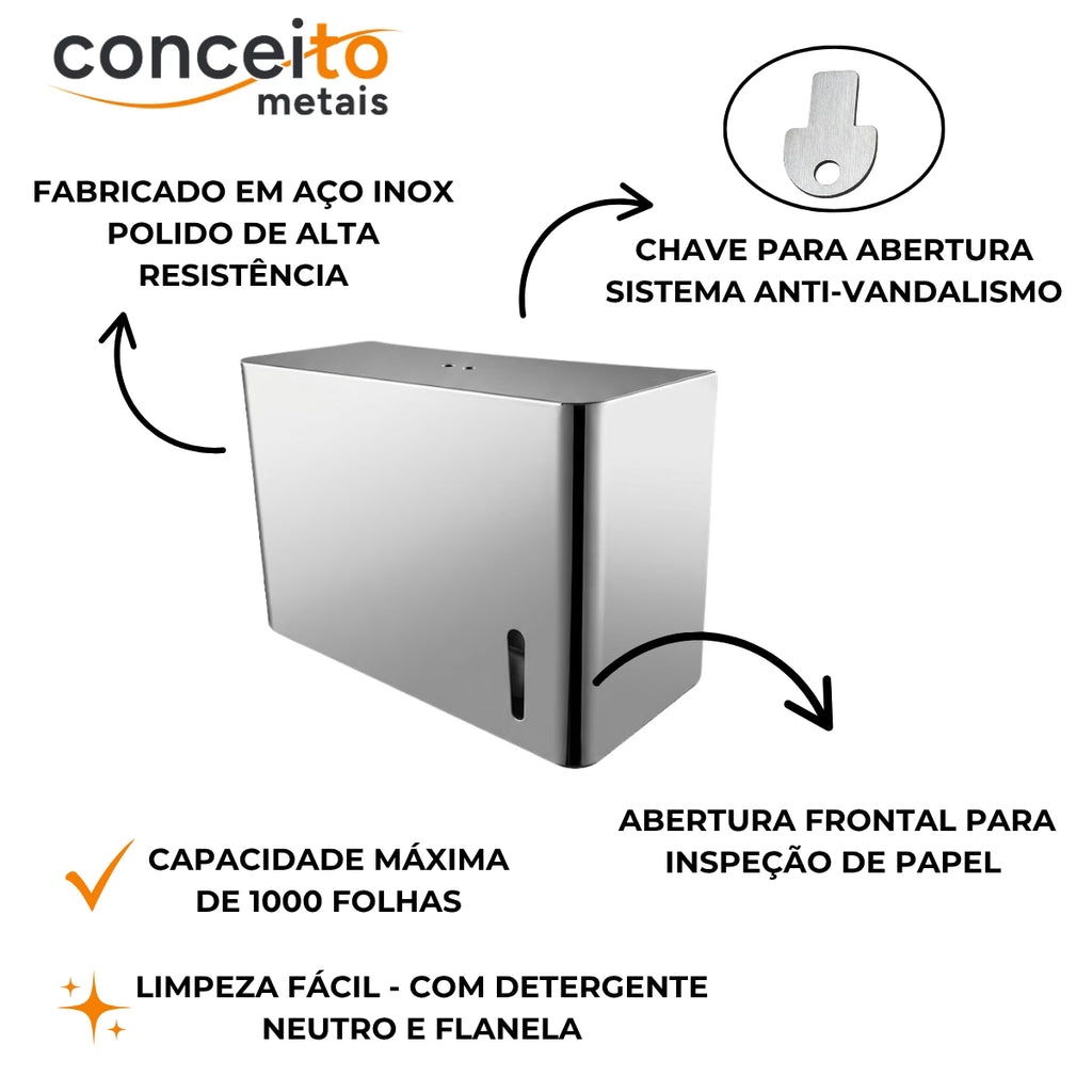 Toalheiro dispenser fabricado em aço inox brilhante para papel interfolhado - 13682: detalhes