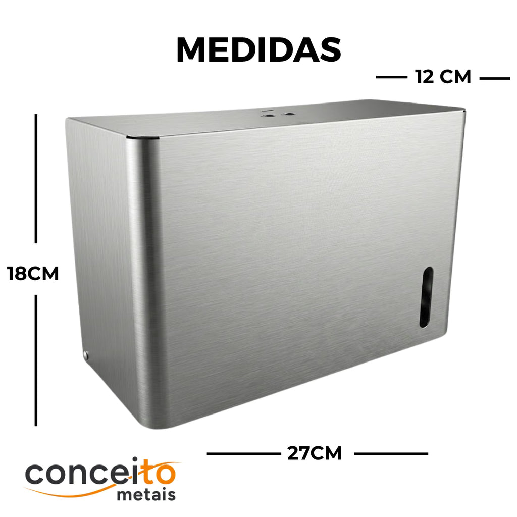 Toalheiro dispenser fabricado em aço inox escovado para papel interfolhado - 13683: medidas