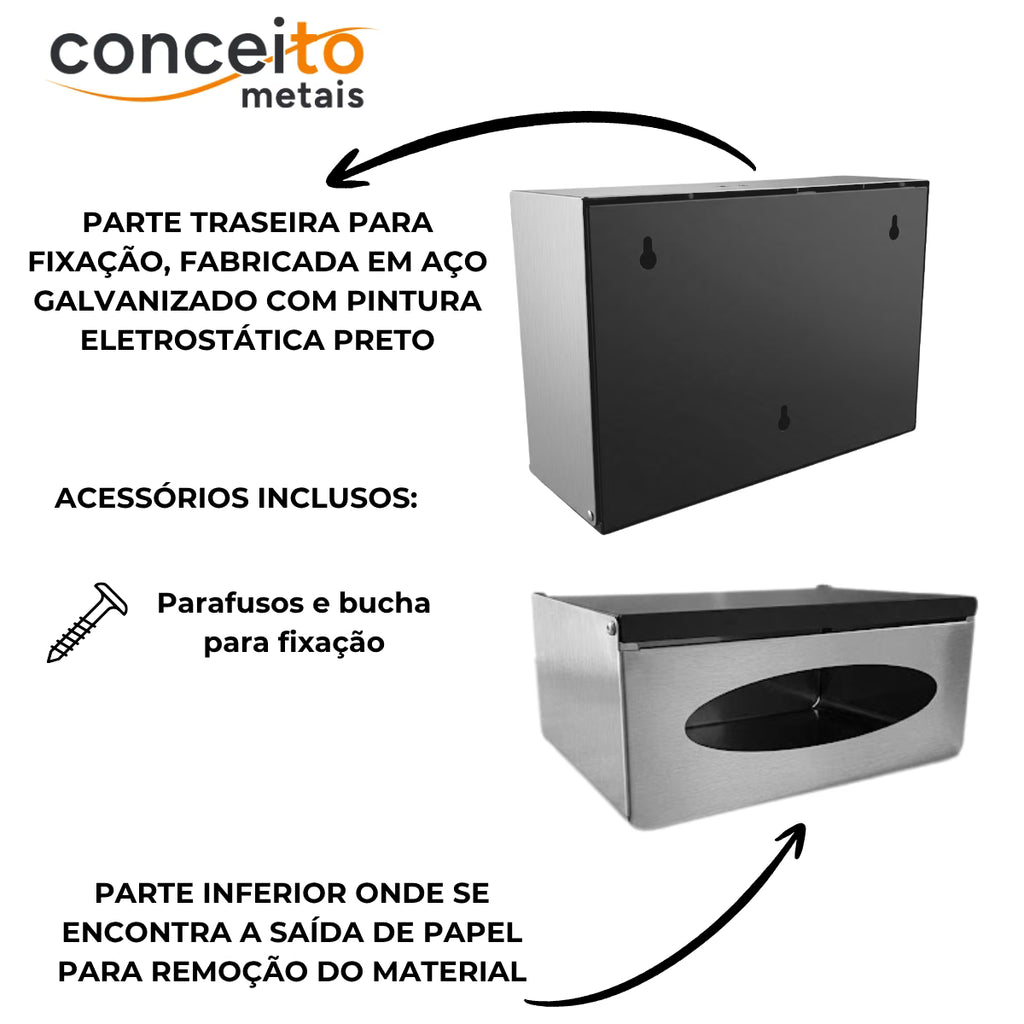 Toalheiro dispenser fabricado em aço inox escovado para papel interfolhado - 13683: fixação e acessórios