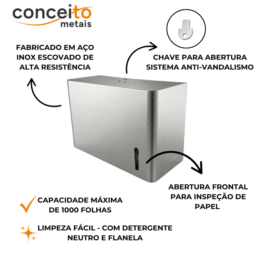 Toalheiro dispenser fabricado em aço inox escovado para papel interfolhado - 13683: detalhes