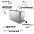Toalheiro dispenser fabricado em aço inox escovado para papel interfolhado - 13683: detalhes