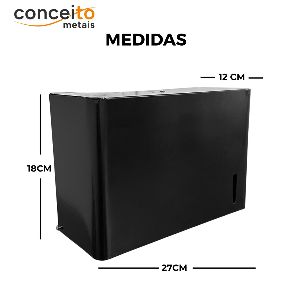 Toalheiro dispenser fabricado em aço com pintura eletrostática preto interfolhado - 13685: medidas