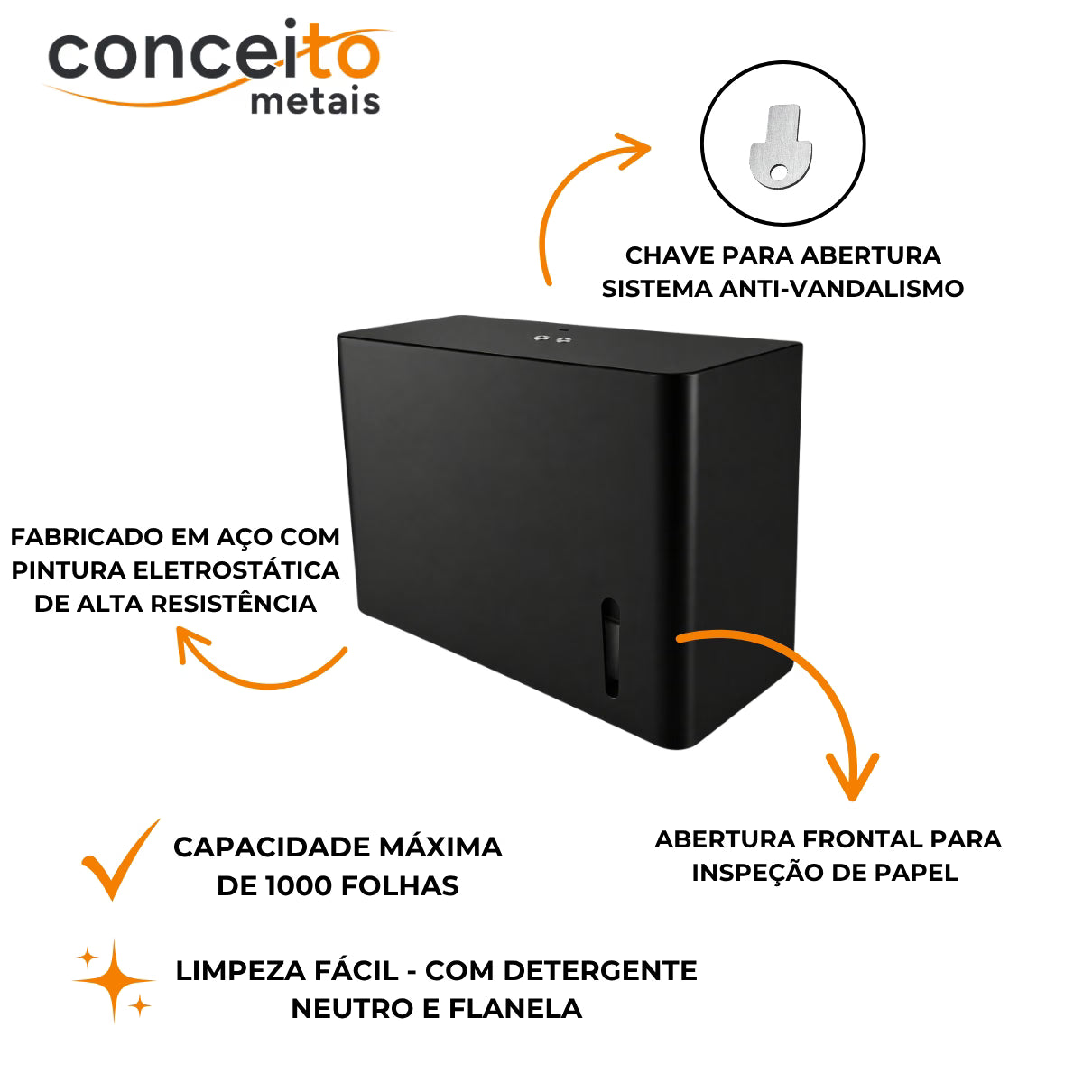Toalheiro dispenser fabricado em aço com pintura eletrostática preto interfolhado - 13685: detalhes