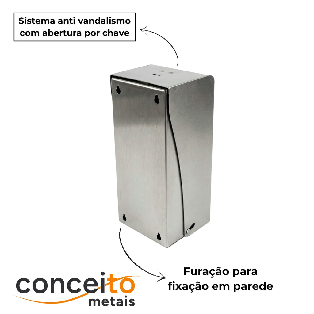 Saboneteira aço inox 304 escovado com chave reservatório 1.000 ml - 13688: fixação e sistema antivandalismo