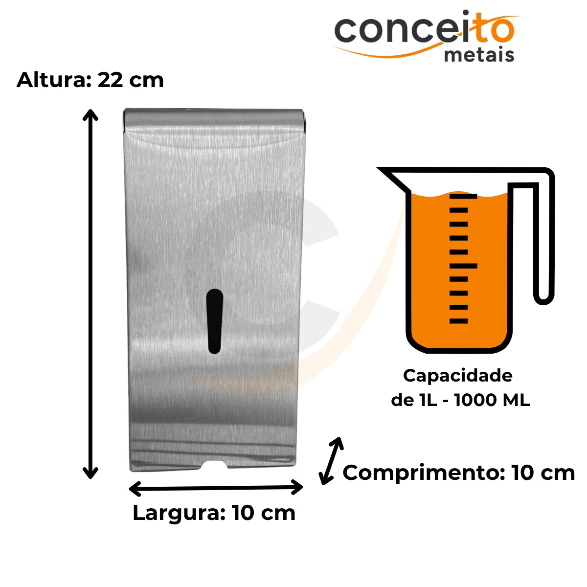 Saboneteira aço inox 304 escovado com chave reservatório 1.000 ml - 13688: medidas