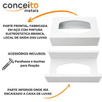 Suporte porta luvas fabricado em aço pintura eletrostática branco - 13692: detalhes da parte frontal e inferior, acessórios inclusos