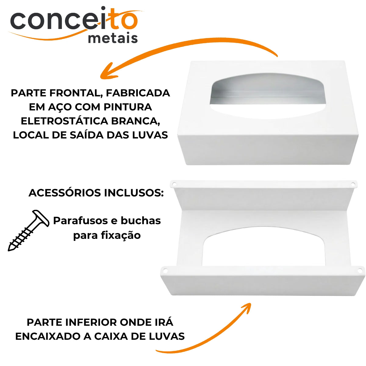 Suporte porta luvas fabricado em aço pintura eletrostática branco - 13692: detalhes da parte frontal e inferior, acessórios inclusos