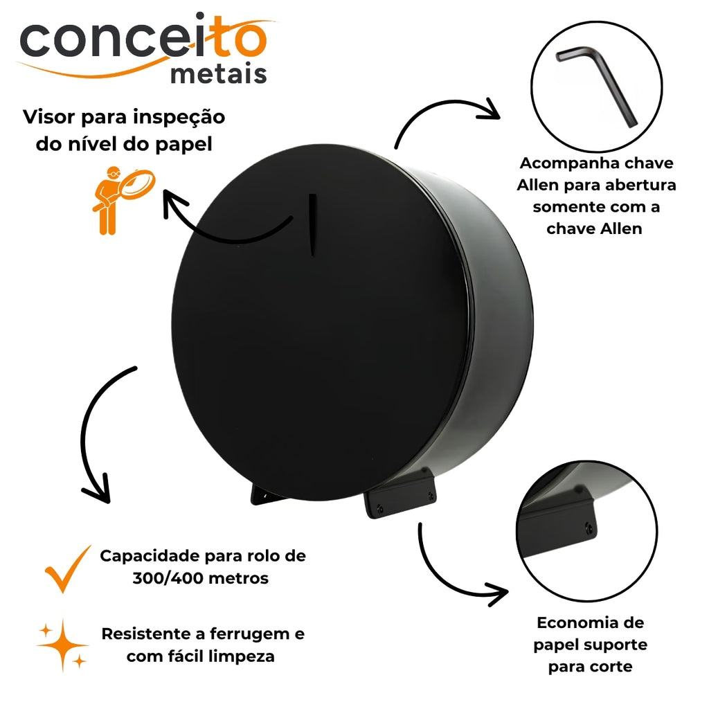 Dispenser porta rolão inox preto fosco sem porta cadeado - 13855: detalhes: visor, chave Allen e capacidade do rolo
