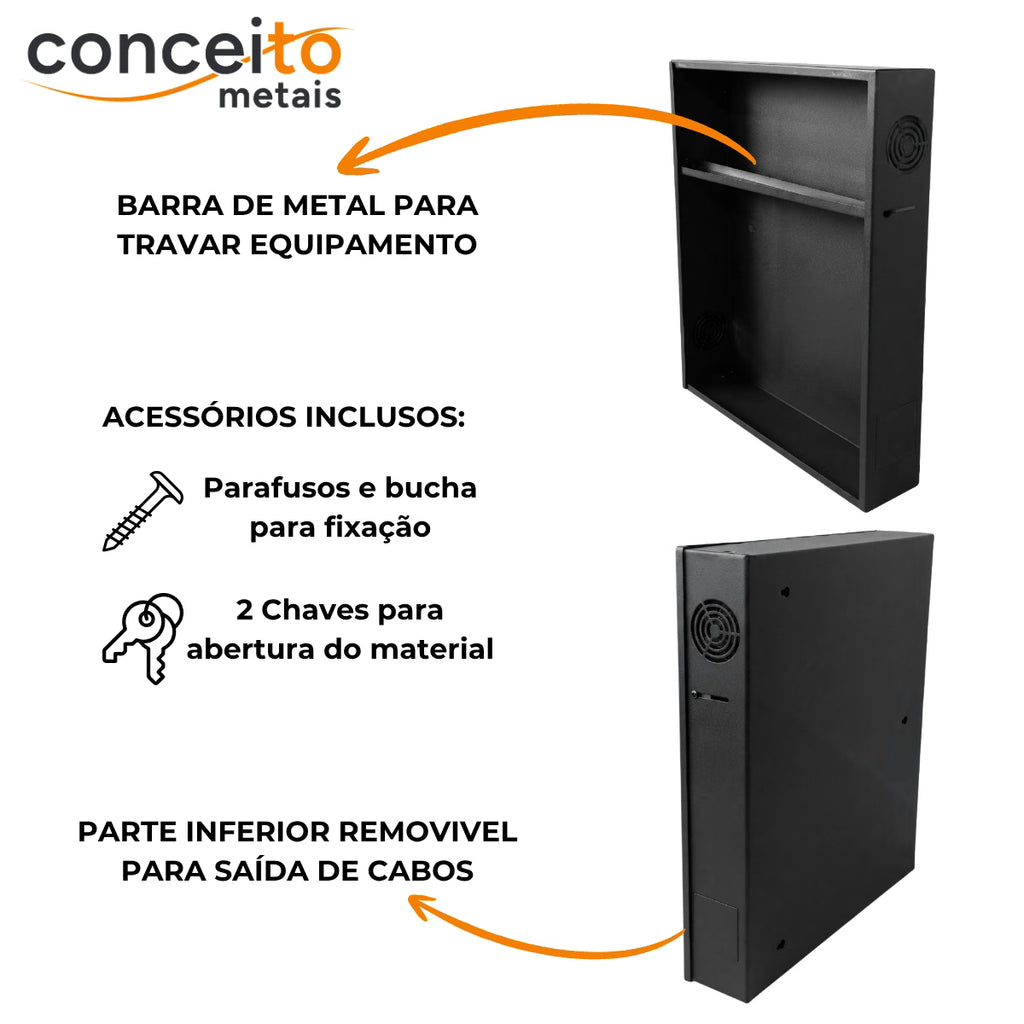Gabinete rack caixa de distribuição metálico parede organizador padrão preto - 13990: detalhes: barra de metal, acessórios e saída de cabos