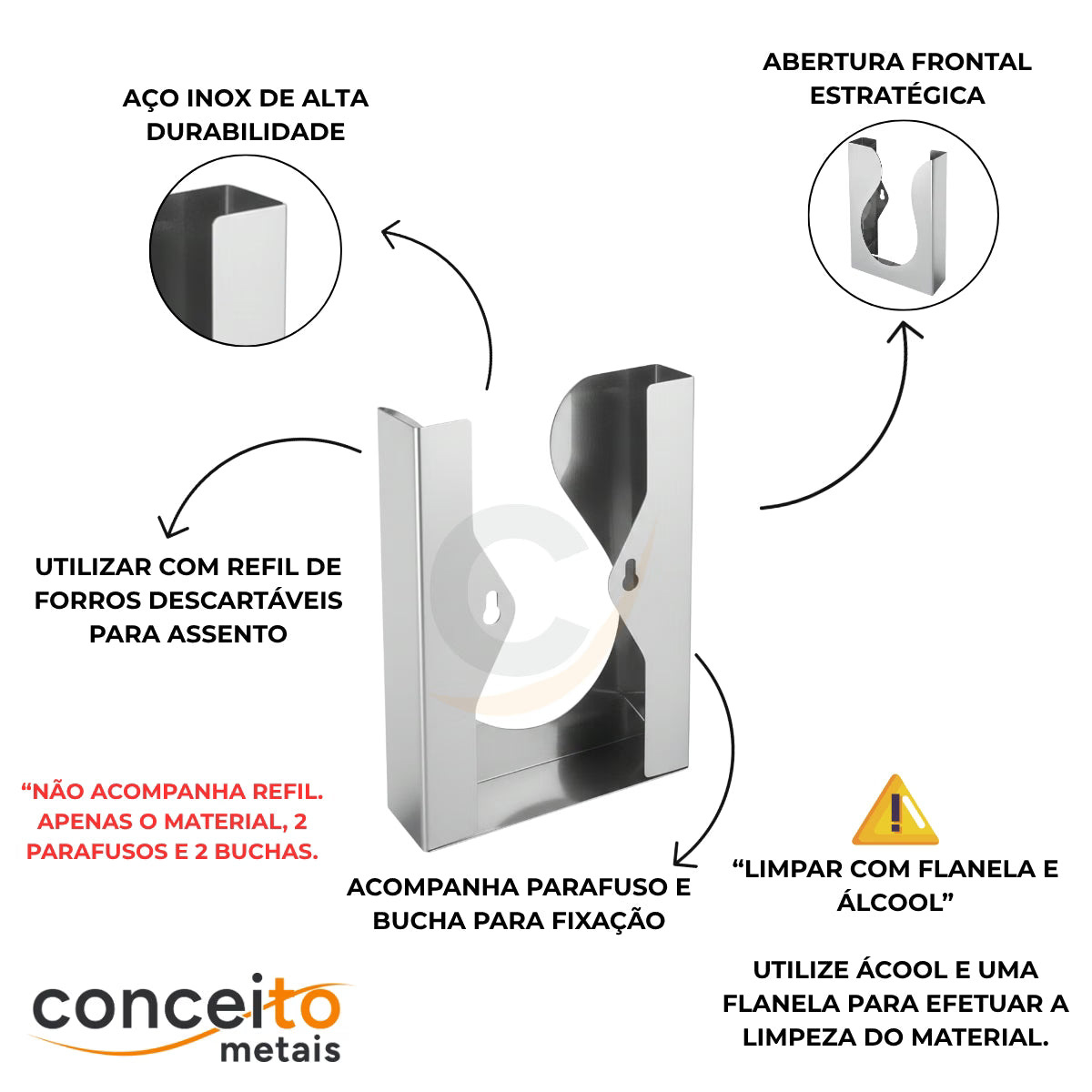 Porta forro para assento sanitário fabricado em aço inox - 17024: detalhes e fixação