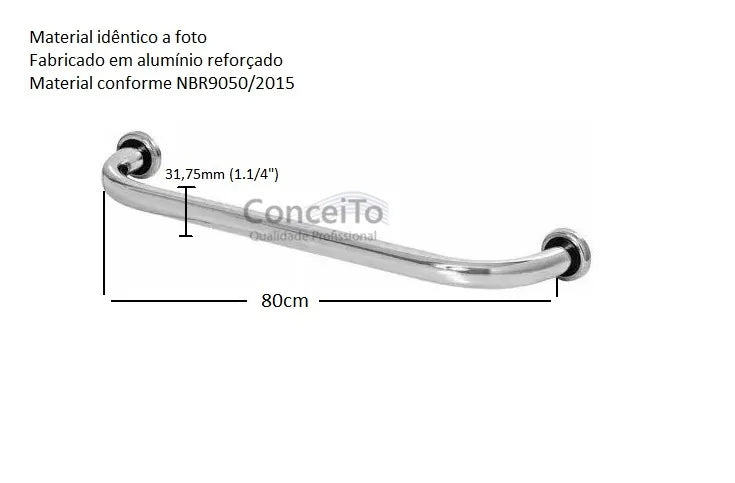Barra de apoio reta 80cm em alumínio para banheiro PNE - 19112 - Conceito Metais (foto 2)