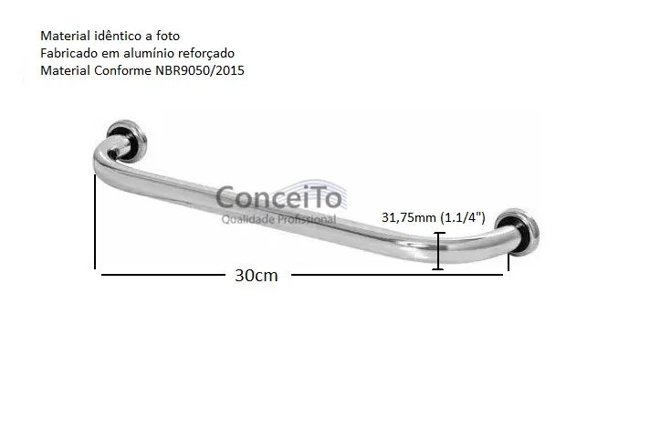Barra apoio reta 30cm em alumínio para banheiro PNE - 19116 - Conceito Metais (foto 2)