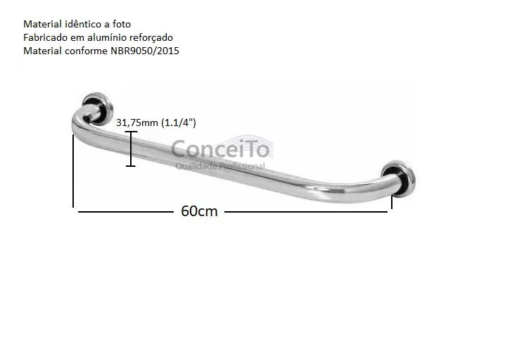 Barra apoio reta 60cm em alumínio para banheiro com canopla de inox PNE - 19117 - Conceito Metais (foto 2)