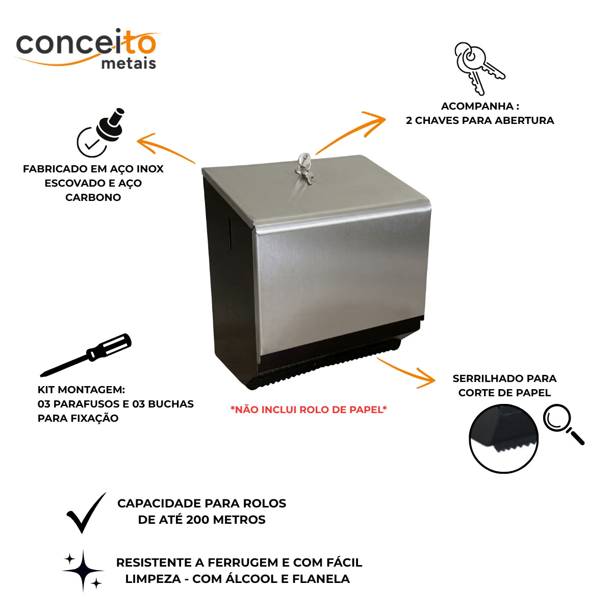 Dispenser de papel toalha bobina 200 m em aço carbono e inox escovado - 20000 (foto 4)