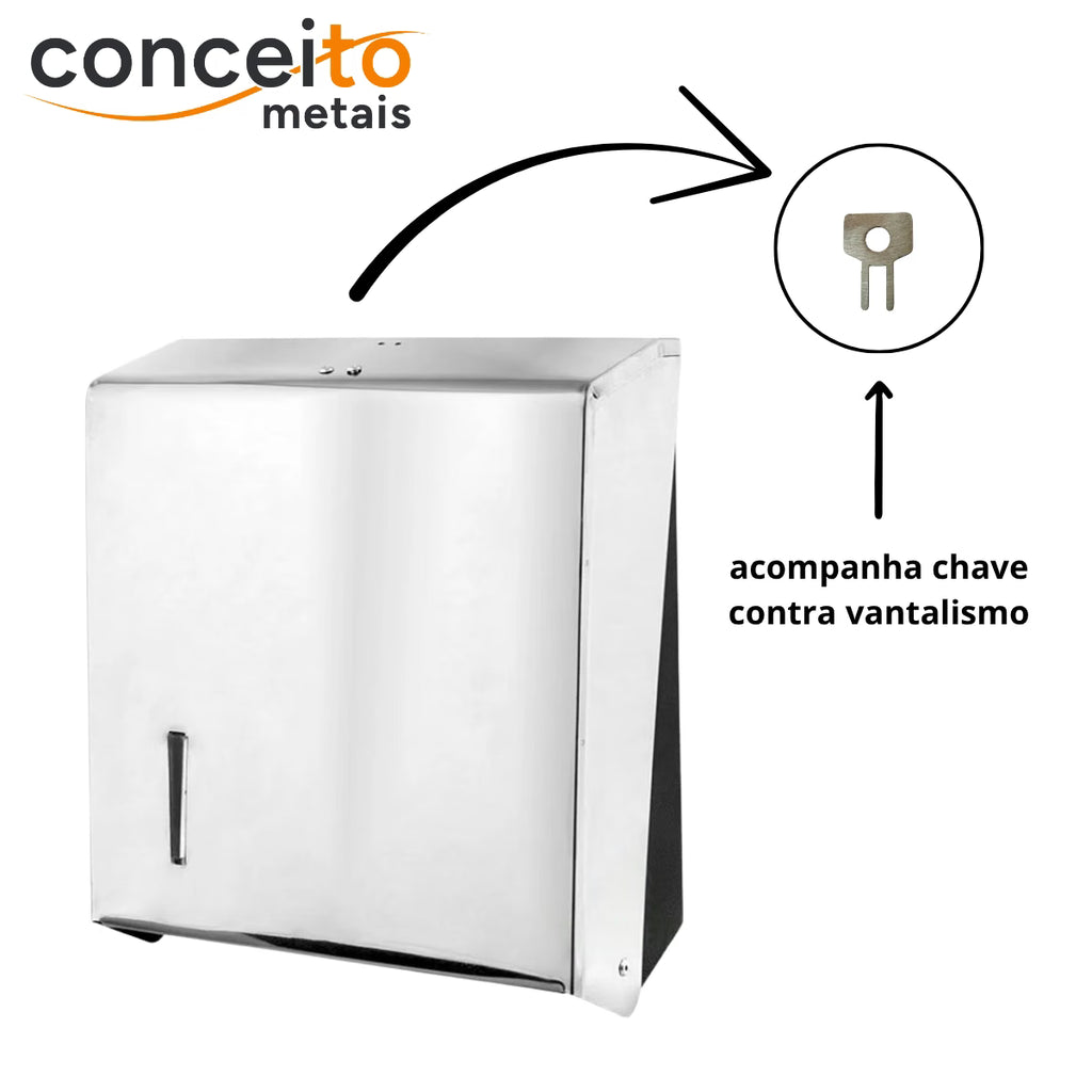 Dispenser de papel toalha aço inox interfolhas com trava de segurança e base preta - 20001: chave contra vandalismo