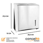 Dispenser de papel toalha aço inox interfolhas com trava de segurança e base preta - 20001: medidas