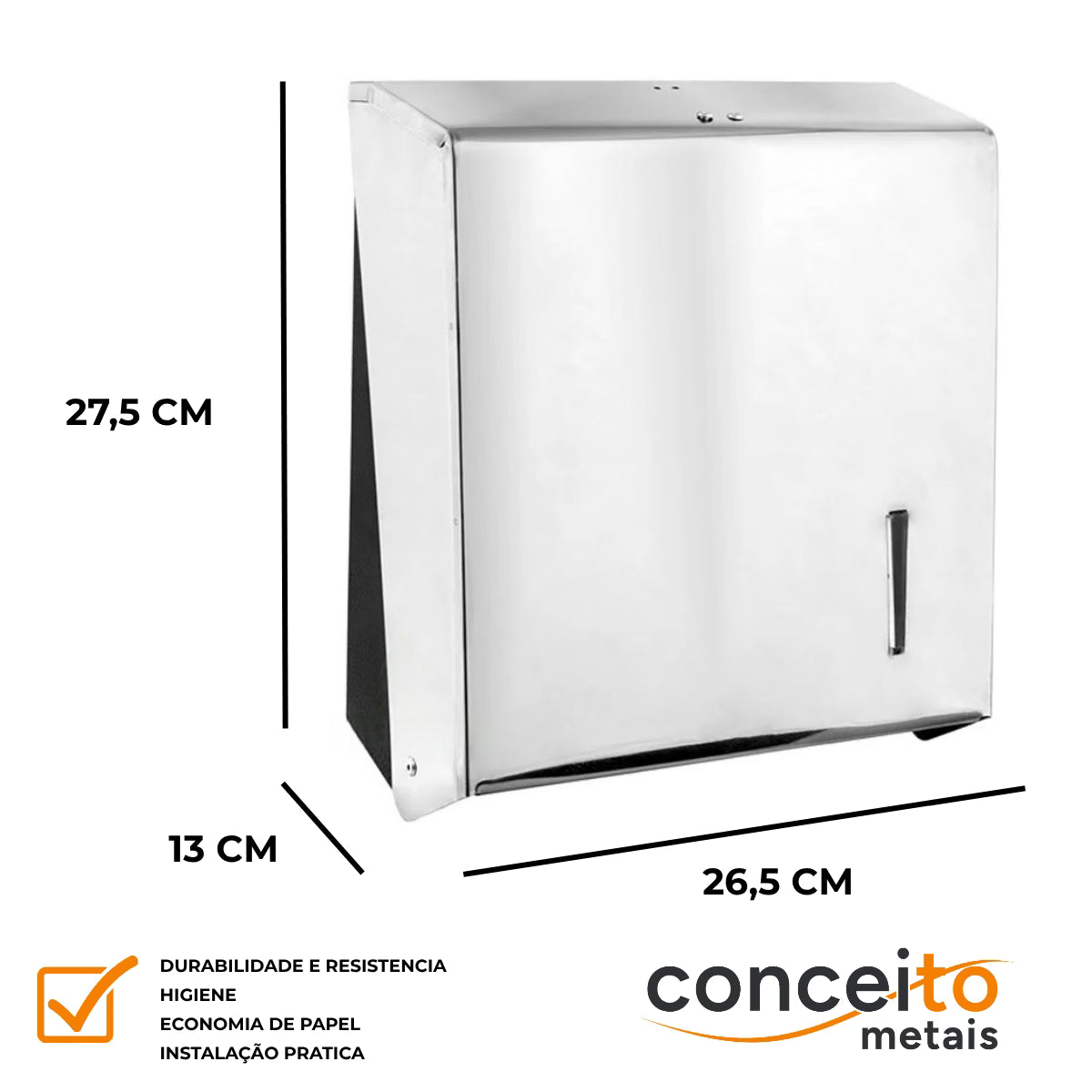 Dispenser de papel toalha aço inox interfolhas com trava de segurança e base preta - 20001: medidas