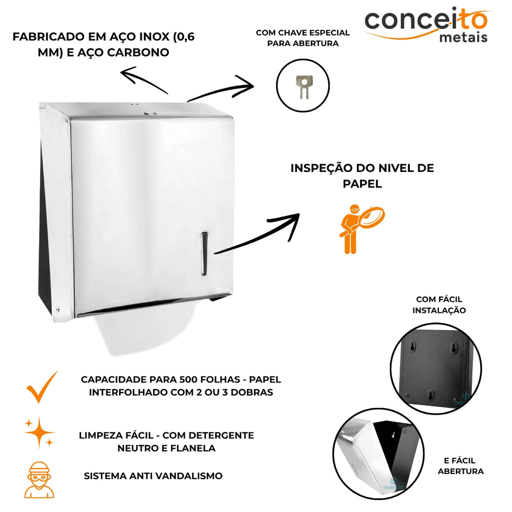 Dispenser de papel toalha aço inox interfolhas com trava de segurança e base preta - 20001: materiais, capacidade e inspeção do nível de papel