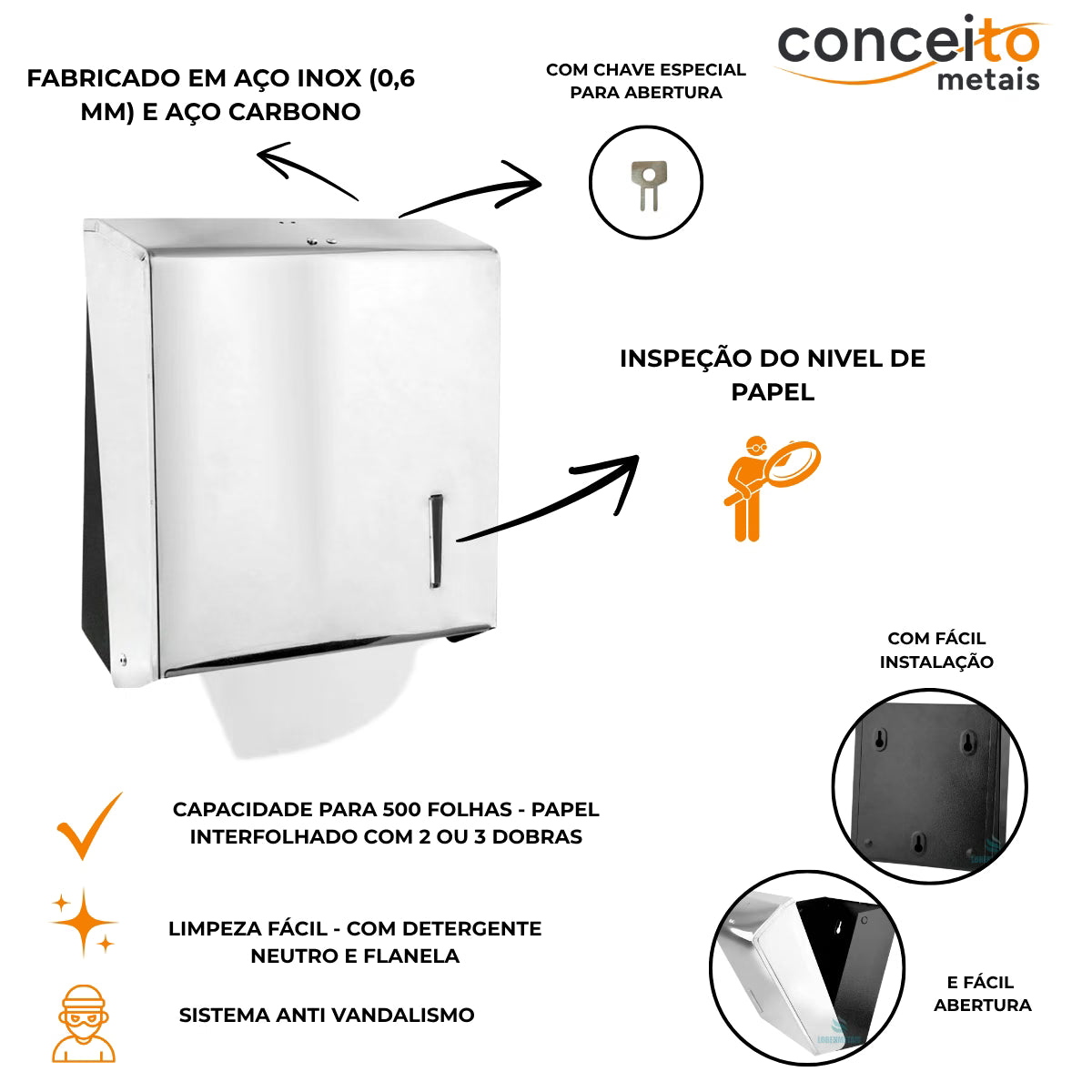 Dispenser de papel toalha aço inox interfolhas com trava de segurança e base preta - 20001: materiais, capacidade e inspeção do nível de papel
