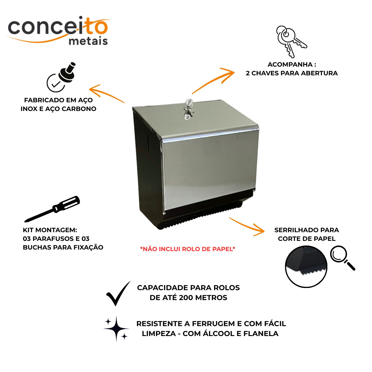 Dispenser de papel toalha bobina 200mts em aço carbono ou inox - 20006: aplicações