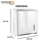 Dispenser de papel toalha aço inox com base branca interfolhas com trava de segurança - 20028: medidas 27,5 x 26,5 x 13 cm