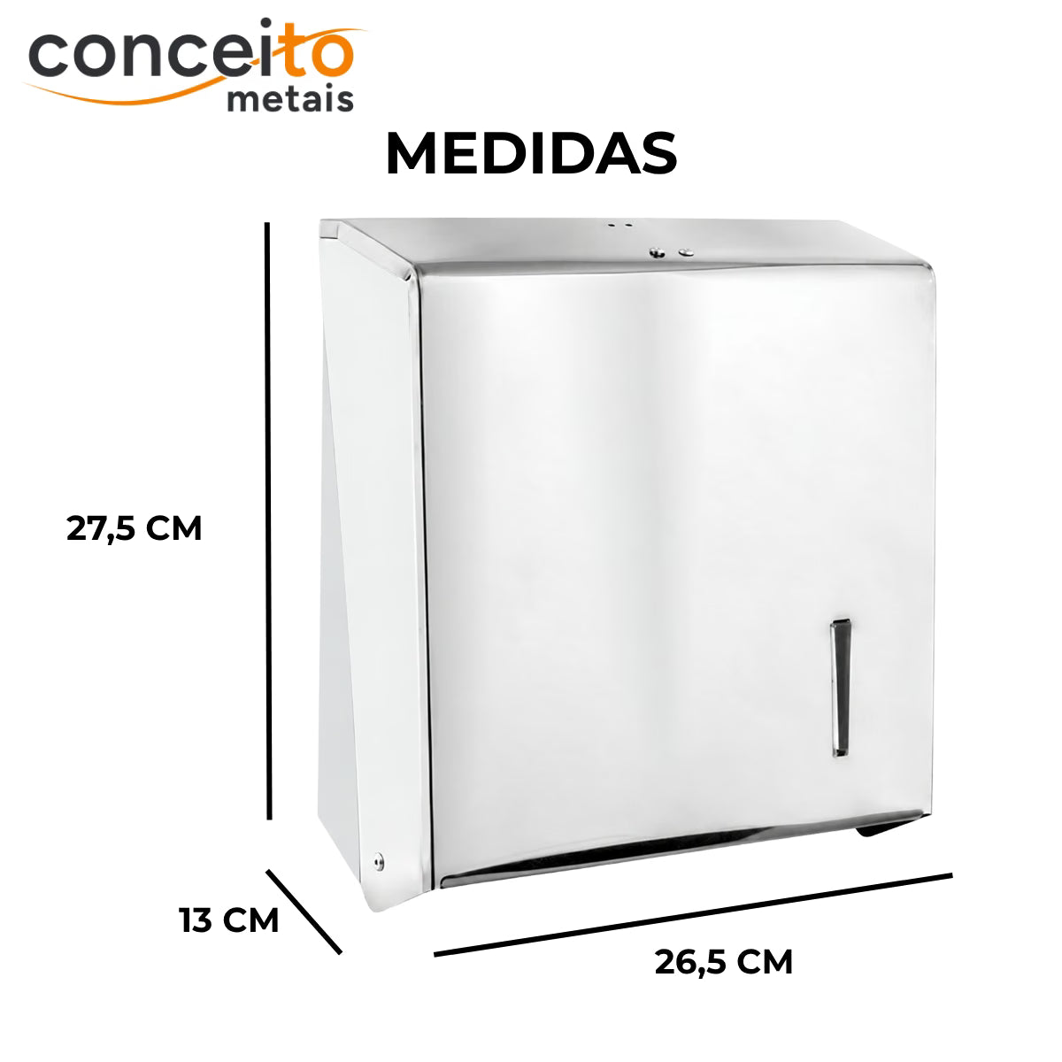 Dispenser de papel toalha aço inox com base branca interfolhas com trava de segurança - 20028: medidas 27,5 x 26,5 x 13 cm