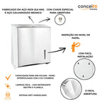 Dispenser de papel toalha aço inox com base branca interfolhas com trava de segurança - 20028: detalhes: chave de abertura, capacidade e limpeza
