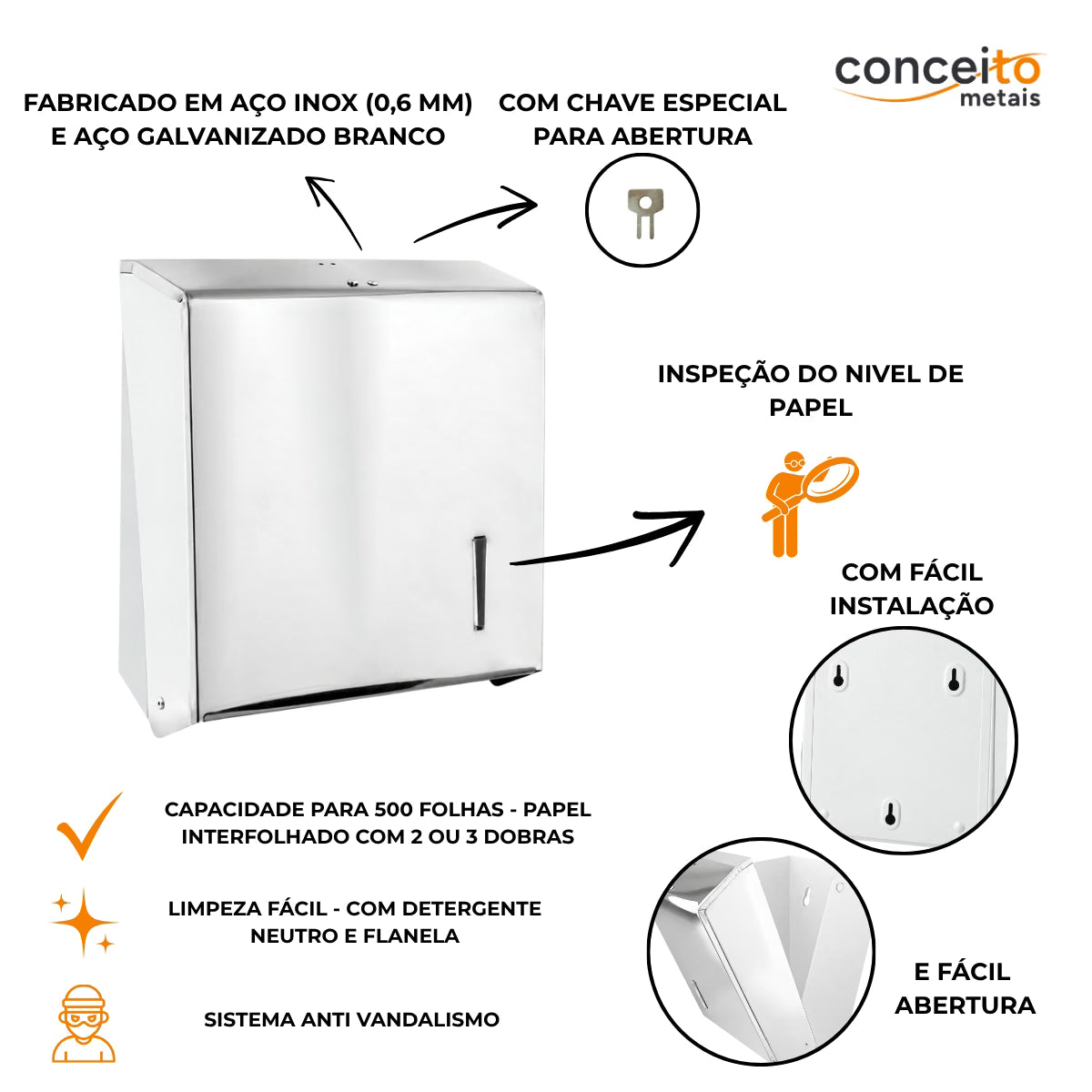 Dispenser de papel toalha aço inox com base branca interfolhas com trava de segurança - 20028: detalhes: chave de abertura, capacidade e limpeza