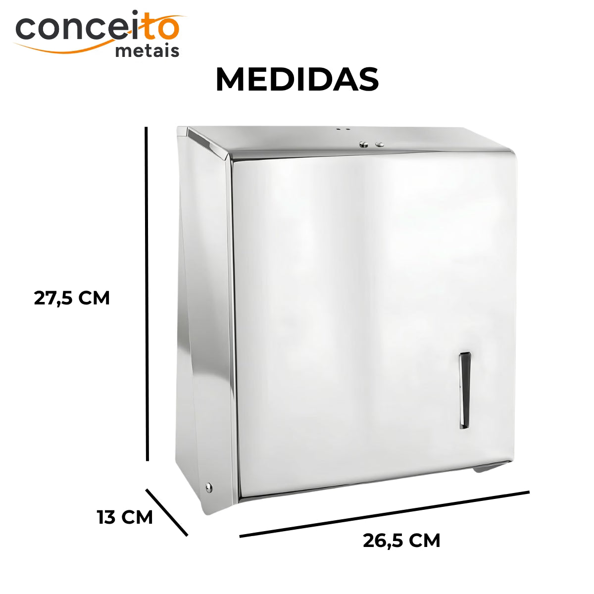 Dispenser de papel toalha todo em aço inox interfolhas com trava de segurança - 20029: medidas 27,5 x 26,5 x 13 cm