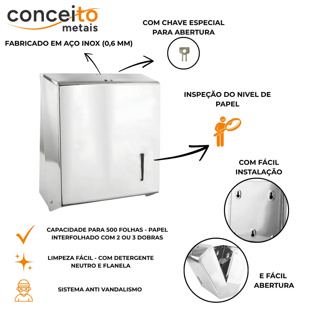 Dispenser de papel toalha todo em aço inox interfolhas com trava de segurança - 20029: detalhes: chave de abertura, capacidade e limpeza