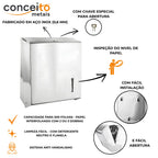 Dispenser de papel toalha todo em aço inox interfolhas com trava de segurança - 20029: detalhes: chave de abertura, capacidade e limpeza