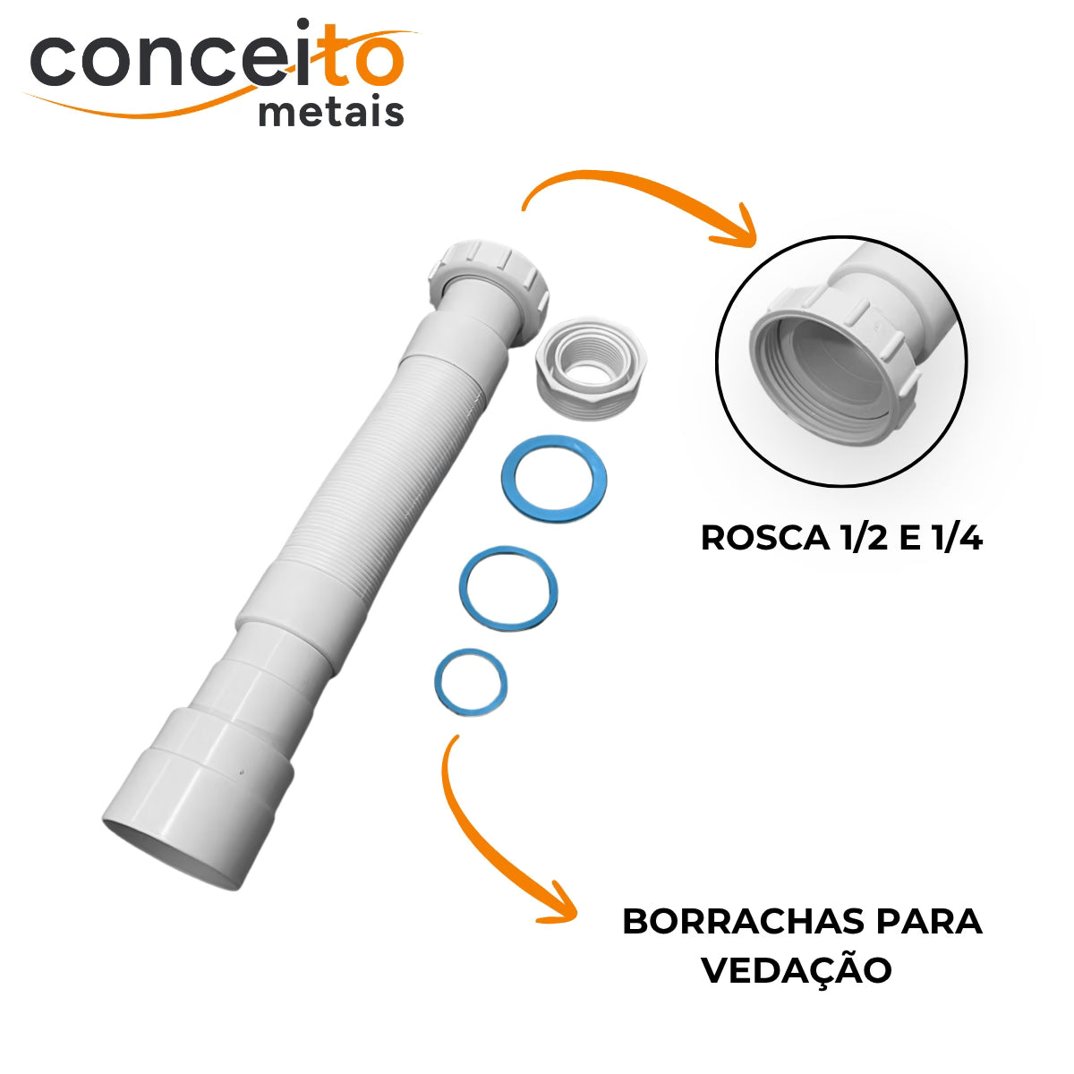 Sifão flexível universal fabricado em plástico - 22005: detalhes: rosca e borrachas de vedação
