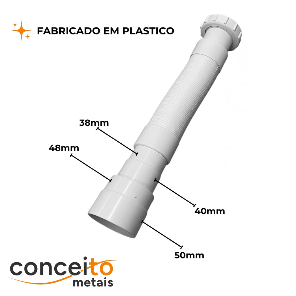Sifão flexível universal fabricado em plástico - 22005: dimensões das conexões, fabricado em plástico
