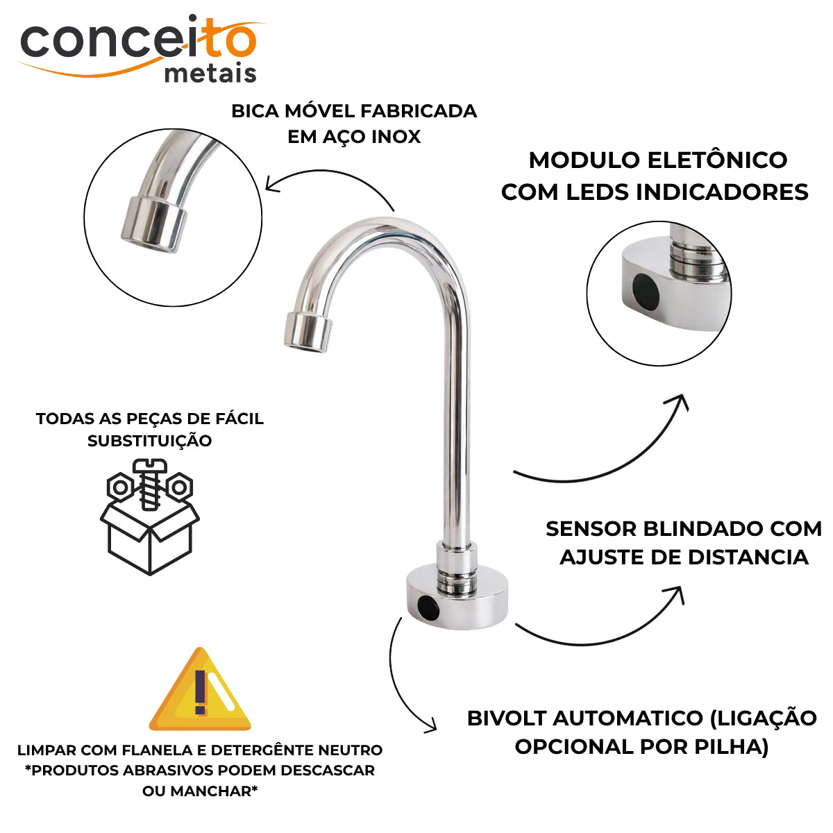 Torneira com sensor bica móvel anti vandalismo 26cm - 35001: detalhes: bica móvel em aço inox, módulo eletrônico e sensor