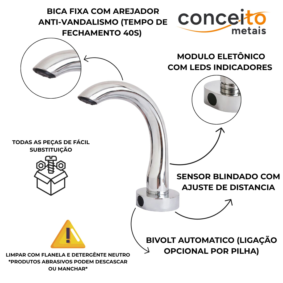 Torneira com sensor anti vandalismo - 35002: detalhes: bica fixa com arejador, módulo eletrônico e sensor