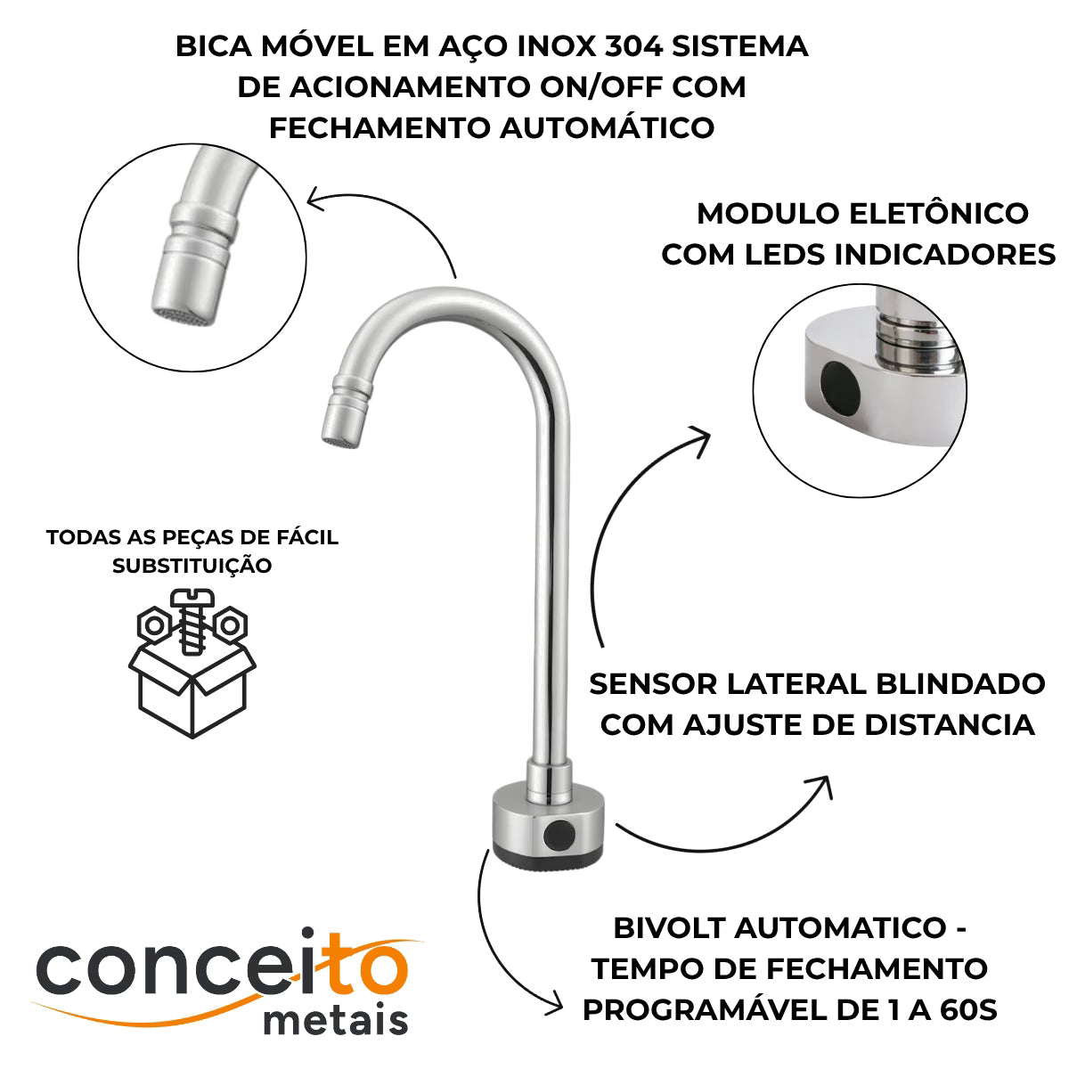 Torneira com sensor bica alta aço inox - 35003: detalhes e características