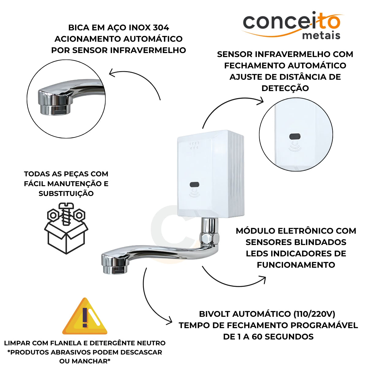 Torneira com sensor de parede fabricada em aço inox - 35005: detalhes e características