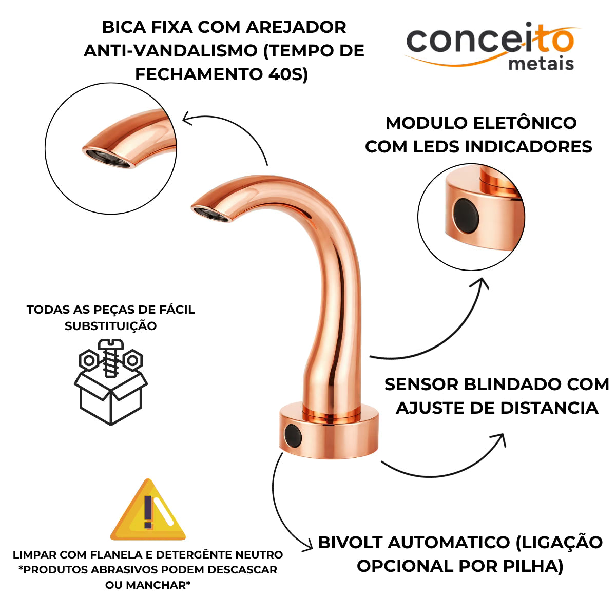 Torneira com sensor anti vandalismo em latão rosé - 35006: detalhes e características