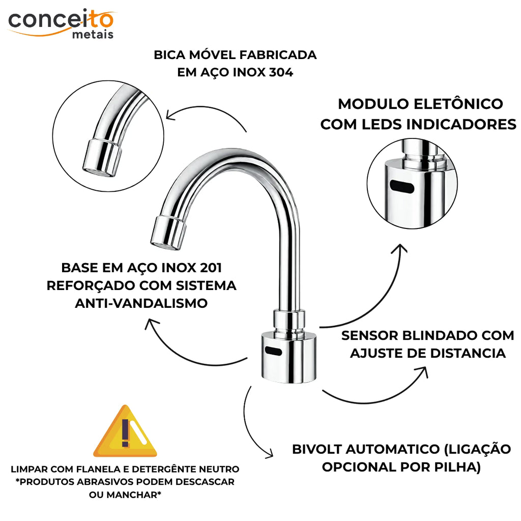 Torneira com sensor bica móvel anti vandalismo base reforçada - 35008: detalhes e características