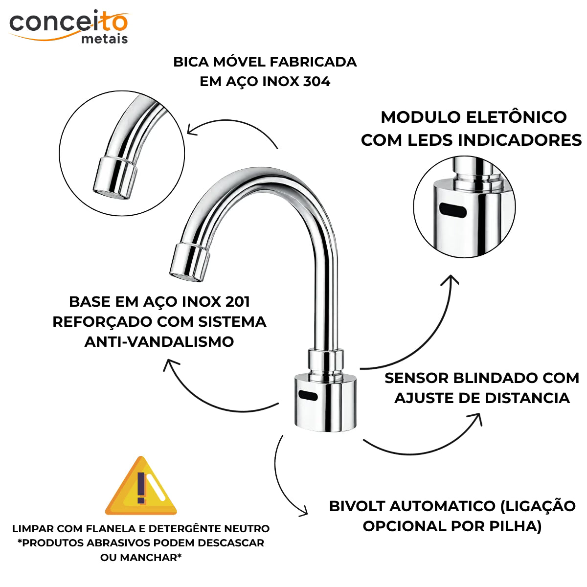 Torneira com sensor bica móvel anti vandalismo base reforçada - 35008: detalhes e características