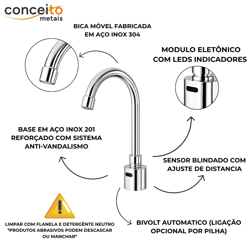 Torneira com sensor bica alta móvel anti vandalismo - 35009: materiais, sensor e alimentação