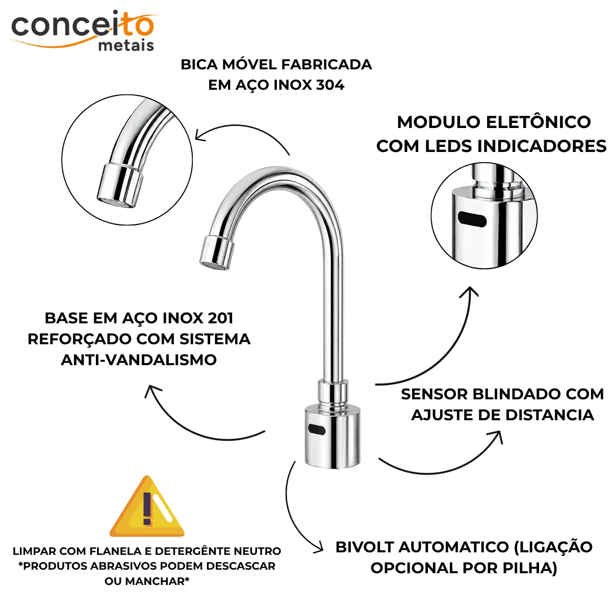 Torneira com sensor bica alta móvel anti vandalismo - 35009: materiais, sensor e alimentação
